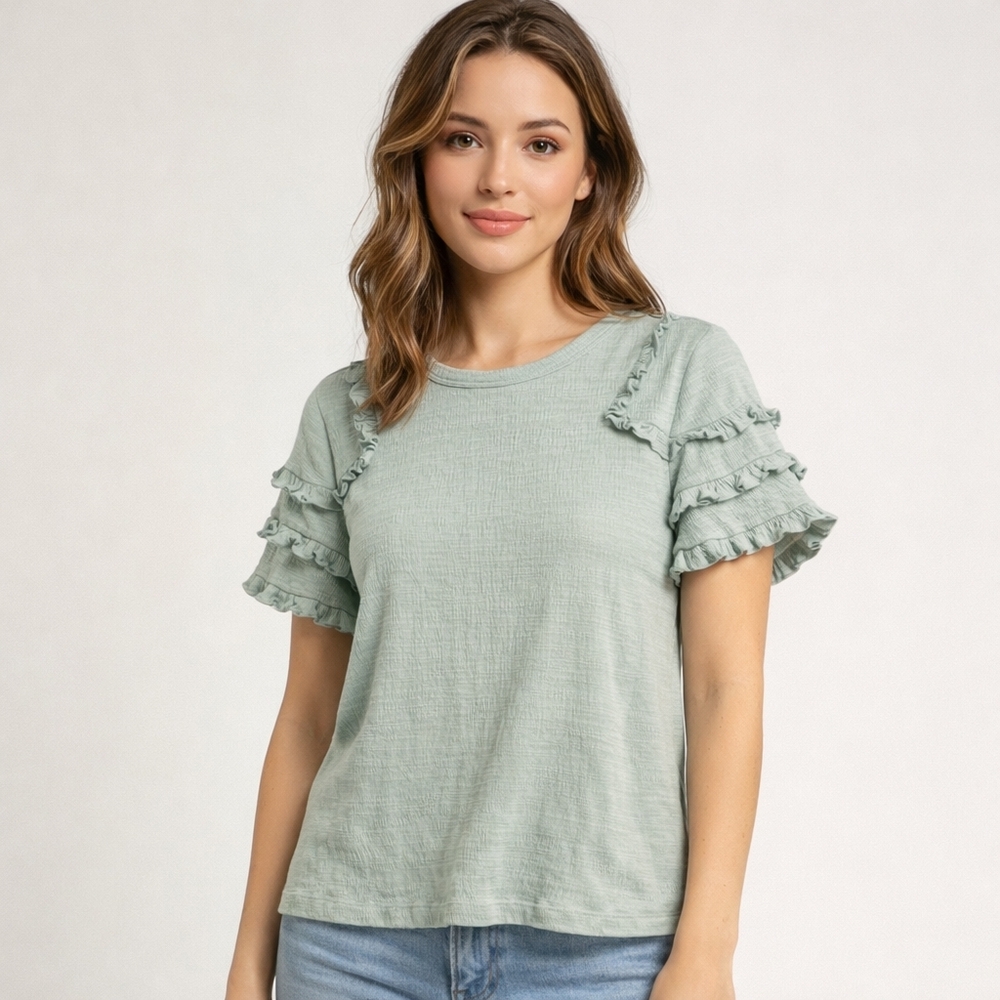Sage Green Ruffle Sleeve Top – Soft Ribbed Summer Blouse Sz M C31